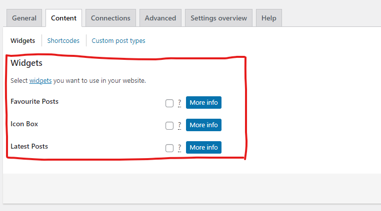 Settings section rendered for all registered widgets in the plugin.